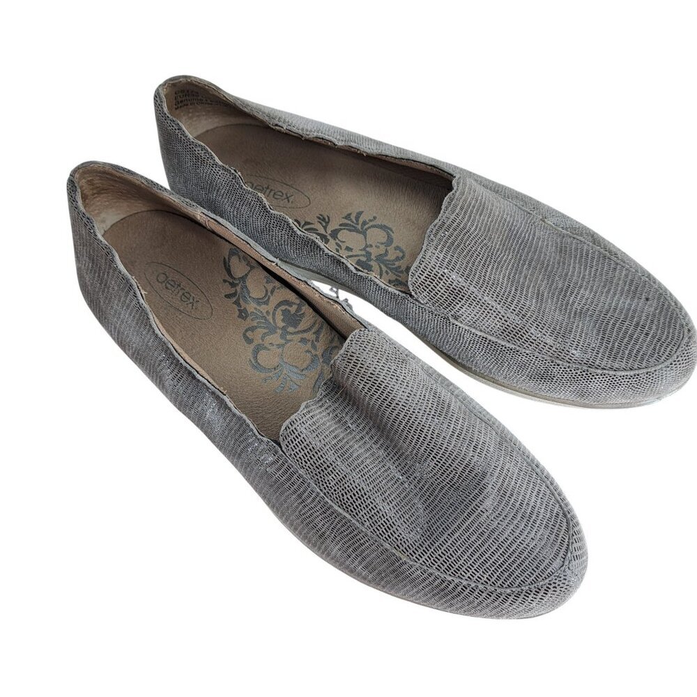 Aetrex Christie Wedge Leather Loafers Size 39 US 8.5 Taupe Gray Slip On Reptile - Picture 8 of 13